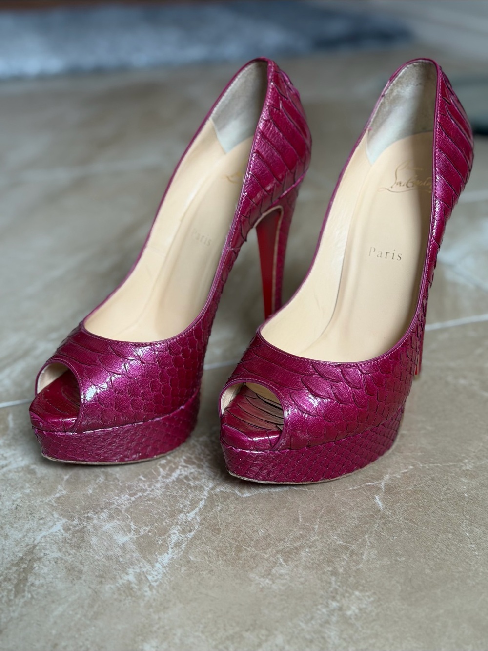 Christian Louboutin Fuchsia Snakeskin Peep-Toe Platform Pumps